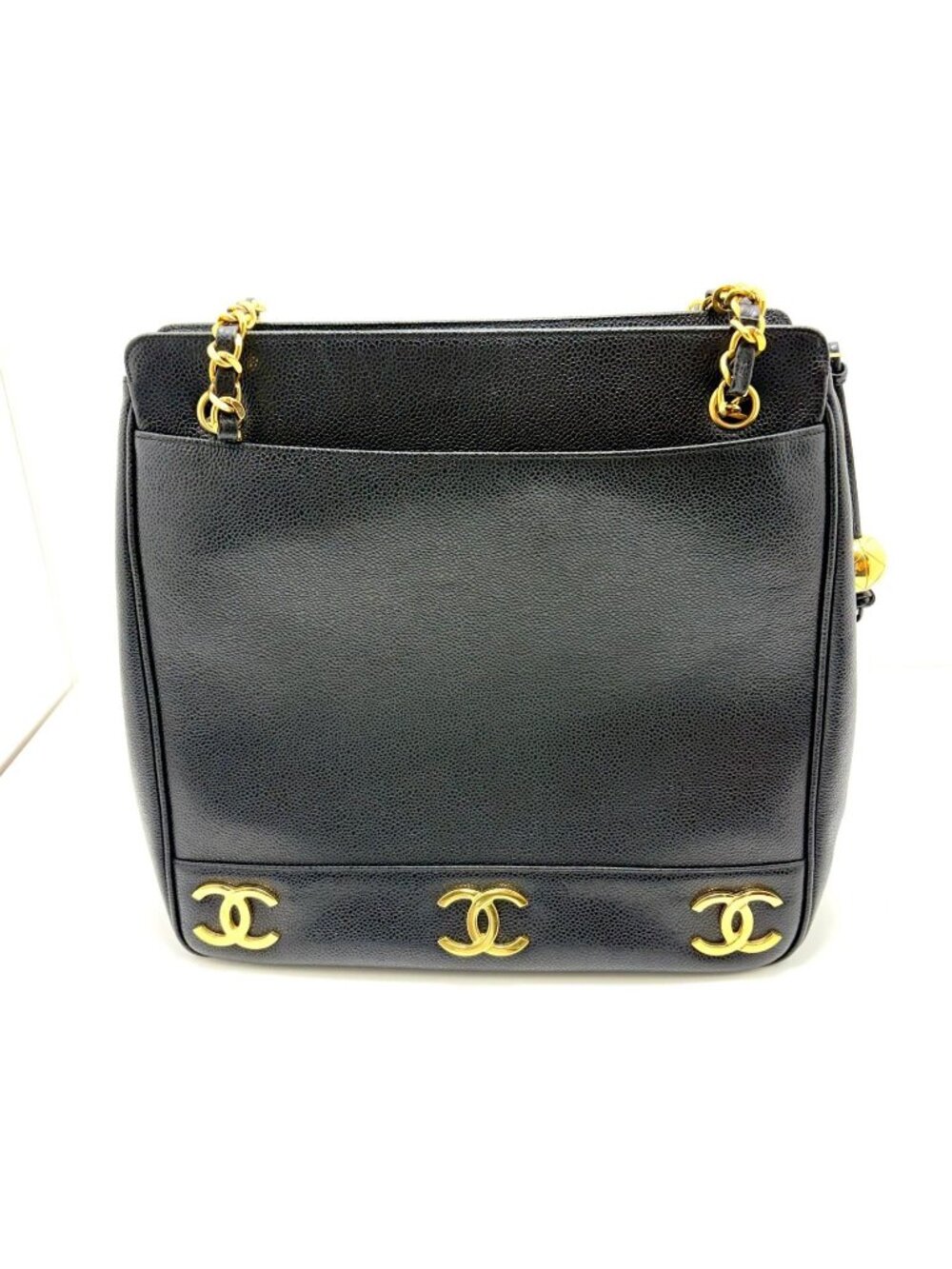 Chanel Triple Coco Chain Shoulder Tote Bag Black Caviar